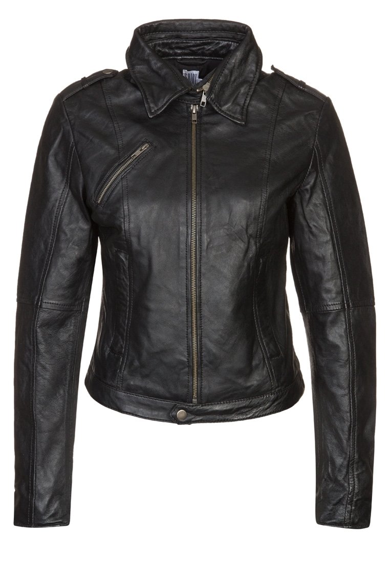 Black leather jacket with a zip closure, snap collar, and vertical zip pocket. Features fitted design and smooth texture.