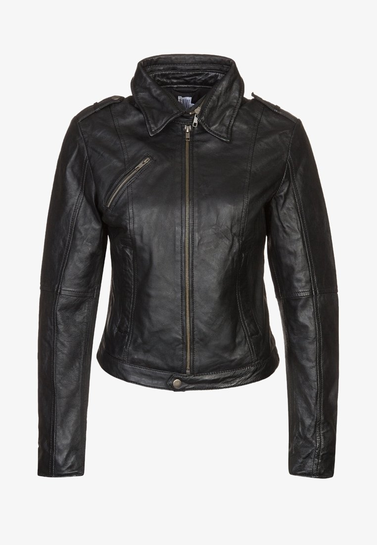 Black leather jacket with a zip closure, snap collar, and vertical zip pocket. Features fitted design and smooth texture.