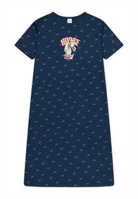 Mörkblå t-shirt klänning med korta ärmar, prydd med en hästtryck och texten "Horse Club". Tillverkad av mjuk bomull, med normal passform och subtila mönster.