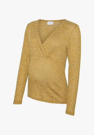 Top de maternidad en tejido acanalado dorado, con escote en V profundo, mangas largas y silueta ajustada. Patrón texturizado en toda la prenda.