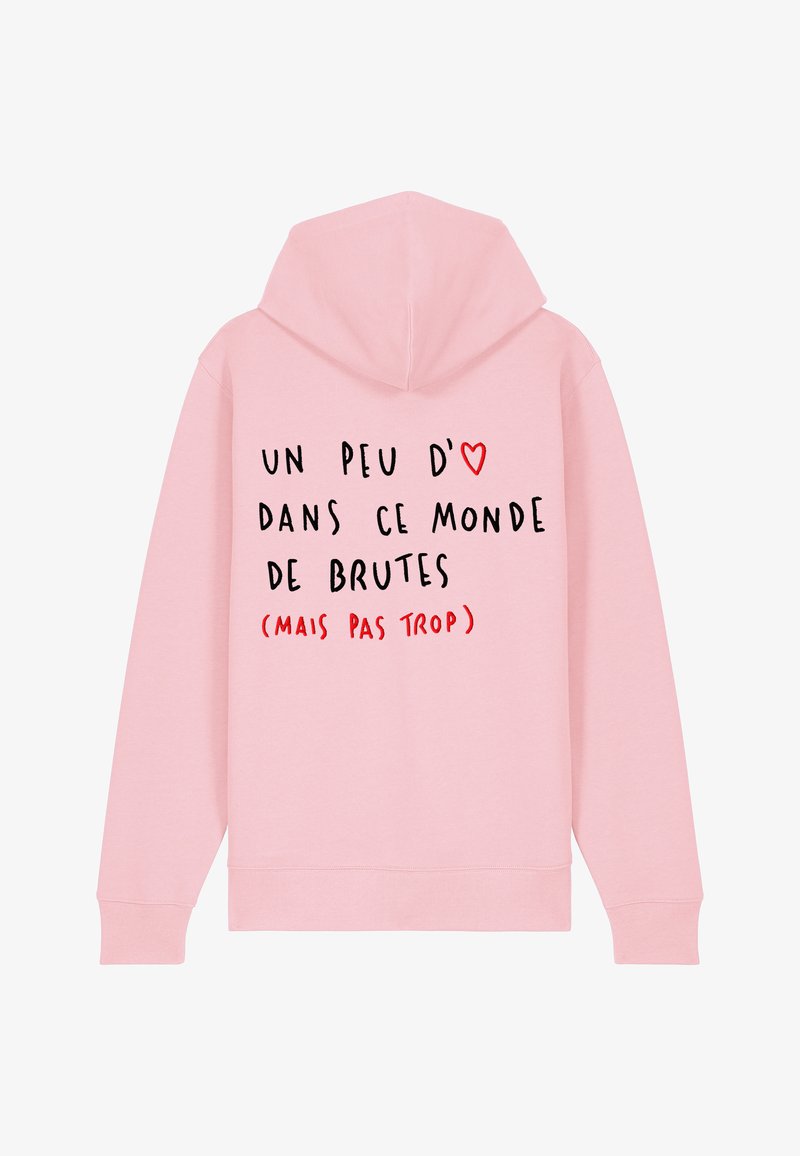 Hoodie rose avec une poche kangourou à l'avant et une capuche à cordon. Texte imprimé en noir avec un cœur rouge et des accents. Texture de tissu douce.