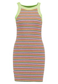 Robe sans manches, ajustée, avec des rayures horizontales multicolores et un col et des emmanchures côtelés vert clair.