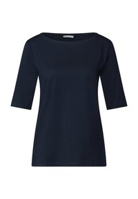 Haut pour femme bleu marine à manches courtes en coton doux. Il présente un col rond et une coupe décontractée, avec une texture lisse et sans motifs.