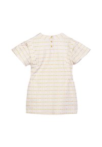 Camicetta a maniche corte bianca con motivo a griglia dorato. Presenta un colletto e una chiusura posteriori con tre bottoni. Tessuto morbido.