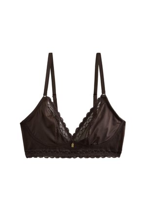 Schwarzes Satin- und Spitzen-Bralette mit dünnen verstellbaren Trägern und gezacktem Spitzenbesatz entlang des Halsausschnitts und des unteren Saums.
