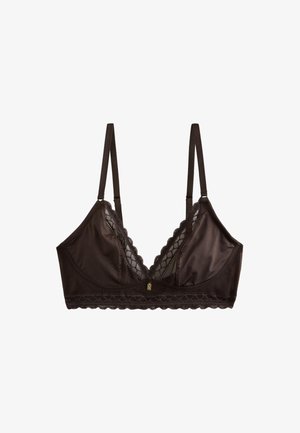Schwarzes Satin- und Spitzen-Bralette mit dünnen verstellbaren Trägern und gezacktem Spitzenbesatz entlang des Halsausschnitts und des unteren Saums.