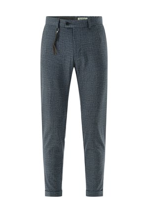 Gray slim-fit men's dress pants with belt loops, front button, zipper, and decorative braided tassel accessory.