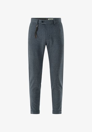 Gray slim-fit men's dress pants with belt loops, front button, zipper, and decorative braided tassel accessory.