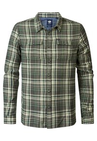 Chemise à carreaux verts et beige avec boutons, manches longues et deux poches poitrine boutonnées.