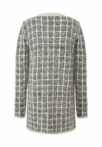 Gestrickter Pullover im rechteckigen Schwarz-Weiß-Muster. Lange Ärmel, runder Hals ausschnitt, strukturiertem Stoff, mittellange Ausführung.