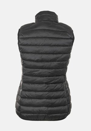 Chaleco acolchado negro con cuello alto, que presenta una textura ligera y suave y franjas horizontales para aislamiento. Sin mangas ni cierre frontal.