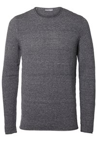 Grå långärmad tröja med rund halsringning, tillverkad av texturerat stickat tyg, med ett subtilt, enhetligt mönster och en lätt figursydd passform.