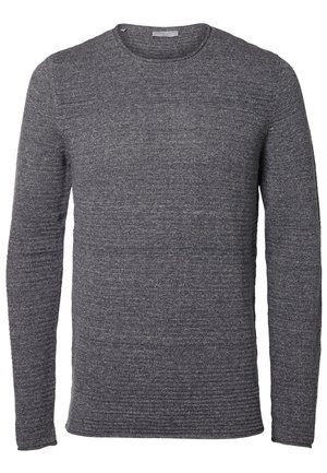 Grauer langärmeliger Pullover mit runden Ausschnitt, aus strukturierter Strickware, mit einem subtilen, einheitlichen Muster und einer leicht taillierten Form.