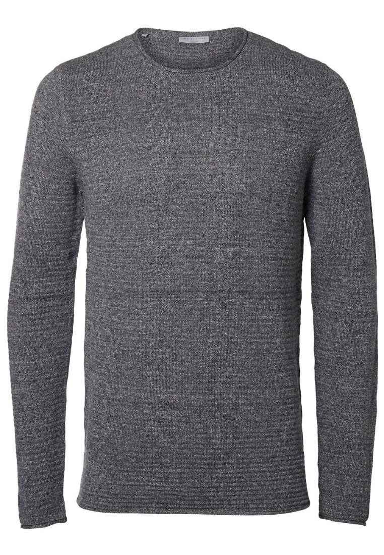 Grå långärmad tröja med rund halsringning, tillverkad av texturerat stickat tyg, med ett subtilt, enhetligt mönster och en lätt figursydd passform.