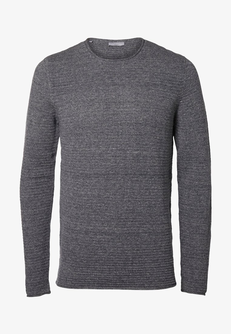 Grå långärmad tröja med rund halsringning, tillverkad av texturerat stickat tyg, med ett subtilt, enhetligt mönster och en lätt figursydd passform.