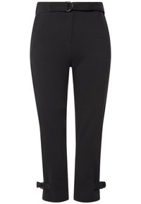 Schwarze, kurz geschnittene Hosen aus gewebtem Stoff. Sie verfügen über einen Taillengürtel mit einer runden Schnalle und verstellbaren Bündchen mit Schleifendetails.