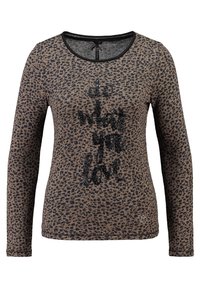 Langärmliges Oberteil aus braunem Tiermusterstoff, mit schwarzem glitzerndem "Do what you love"-Text auf der Vorderseite und rundem Ausschnitt.