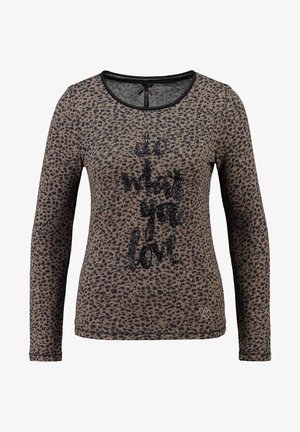 Langärmliges Oberteil aus braunem Tiermusterstoff, mit schwarzem glitzerndem "Do what you love"-Text auf der Vorderseite und rundem Ausschnitt.