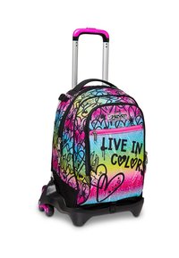 Zaino trolley con cuori di graffiti colorati, testo "VIVI A COLORI", manico rosa estensibile e tre ruote su una base nera.