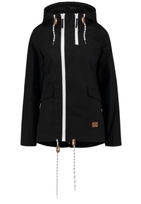 Veste à capuche noire avec fermeture éclair blanche à l’avant, deux poches à rabat, et cordons blancs avec stops marron sur la capuche et l’ourlet.