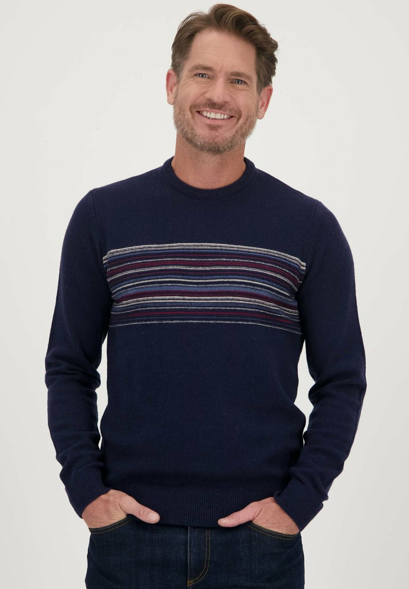 Marineblauwe gebreide trui met een ronde hals en lange mouwen, voorzien van een horizontaal meerkleurig streeppatroon over de borst. Zachte textuur.