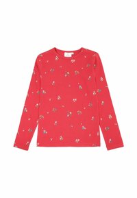 Punainen ribattu pitkähihainen paita, jossa on kukkakuosi sinisillä, keltaisilla ja valkoisilla kukilla, pyöreä pääntie ja kapea malli.