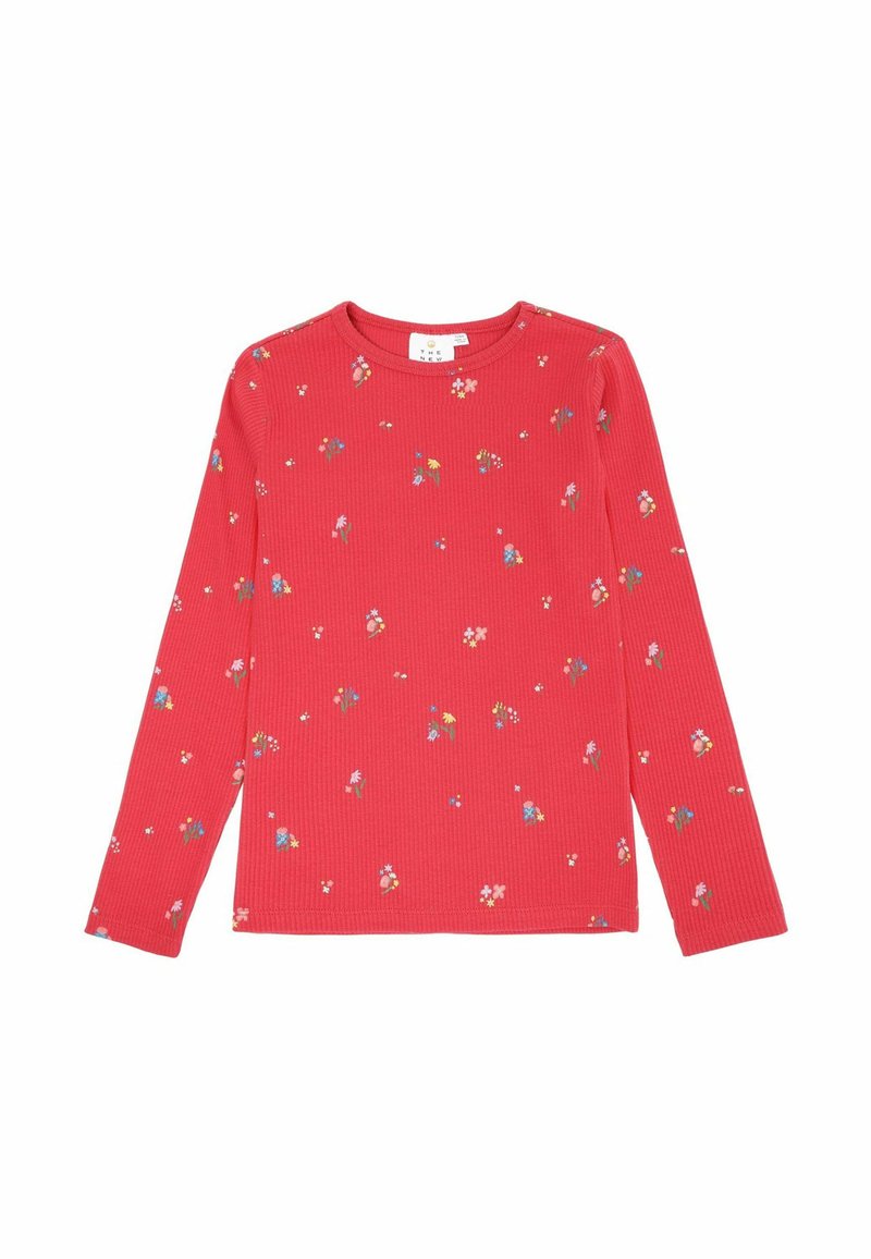 Punainen ribattu pitkähihainen paita, jossa on kukkakuosi sinisillä, keltaisilla ja valkoisilla kukilla, pyöreä pääntie ja kapea malli.