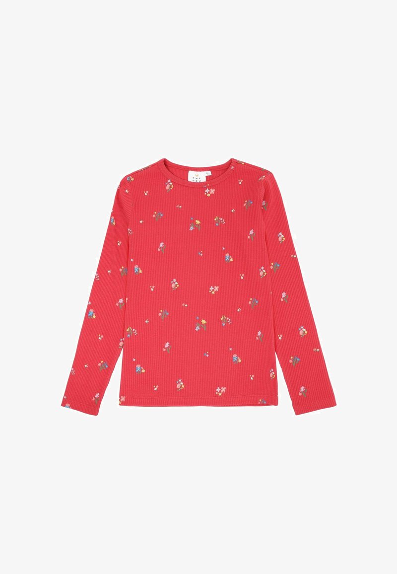 Punainen ribattu pitkähihainen paita, jossa on kukkakuosi sinisillä, keltaisilla ja valkoisilla kukilla, pyöreä pääntie ja kapea malli.