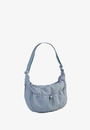 Weiche blaue Nylon-Schultertasche mit lässigem Design, ausgestattet mit einem Kordelzugverschluss, verstellbarem Tragegurt und Fronttasche.