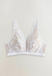 Bralet din dantelă de culoare albă, cu un model floral, formă triangulară moale, bretelelate late și un band solid alb. Material elastic și semi-transparent.
