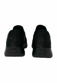 Black sneakers with a textured crocodile-skin pattern, smooth fabric upper, cushioned soles, and rounded back design.