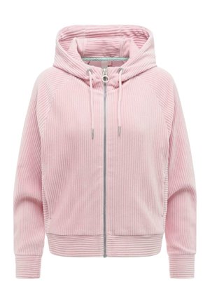 Roze geribbelde hoodie met ritssluiting, verstelbare capuchon met trekkoord en lange mouwen, met een textuur van zacht, gestructureerd stof.