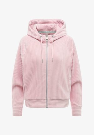Różowa prążkowana bluza na zamek z regulowanym sznurkiem kapturem i długimi rękawami, wykonana z miękkiego materiału o teksturowanej strukturze.