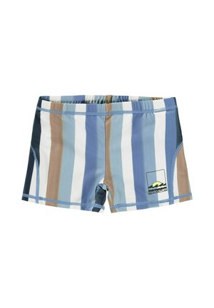 Bañador corto de tela elástica, con rayas verticales en azul, blanco y marrón, con un parche de logo en la pierna izquierda.