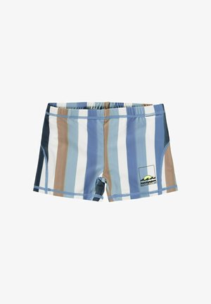 Shorts de bain en tissu extensible, avec des rayures verticales bleu, blanc et marron, et un patch logo sur la jambe gauche.