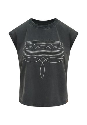 Charcoal gray sleeveless T-shirt with round neck and white stitched geometric line pattern across the chest.