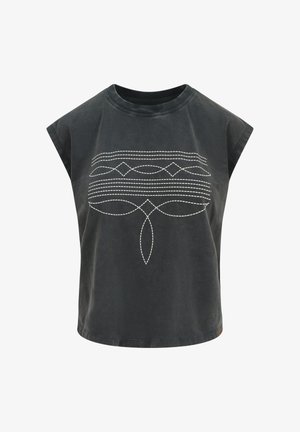 Charcoal gray sleeveless T-shirt with round neck and white stitched geometric line pattern across the chest.