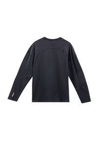 Koszula z długim rękawem w ciemnoniebieskim kolorze. Posiada zaokrąglony szew yoke, luźny krój oraz żółty detal logo na lewym rękawie.