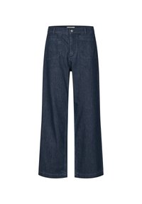 Jeans de mezclilla azul oscuro de pierna ancha con una cintura alta, cierre frontal de botón y dos bolsillos traseros. Presenta líneas limpias y un ajuste relajado.
