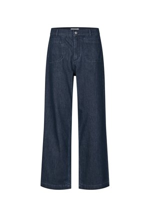 Donkerblauwe denim wijde jeans met een hoge taille, voorknopsluiting en twee achterzakken. Heeft strakke lijnen en een ontspannen pasvorm.