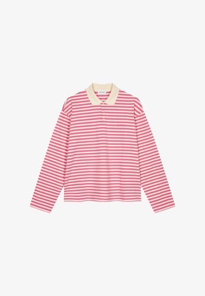 Koszulka polo z długim rękawem w różowo-kremowe pasy, z beżowym kołnierzem, plisą na trzy guziki i małym logo.