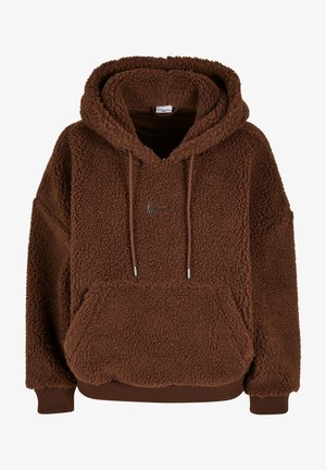 Hoodie en polaire marron avec une surface texturée, coupe oversize, cordons de serrage ajustables, une poche avant et des poignets et un ourlet côtelés.