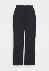 Pantalon noir ajusté à jambe droite, avec fermeture à boutons et tissu lisse. Aucun motif ni accent visible.