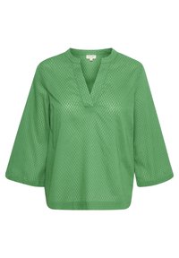 Blouse verte avec un tissu texturé, décolleté en V et manches trois-quarts. Présente une coupe loose et un motif de petits points subtils sur l'ensemble.