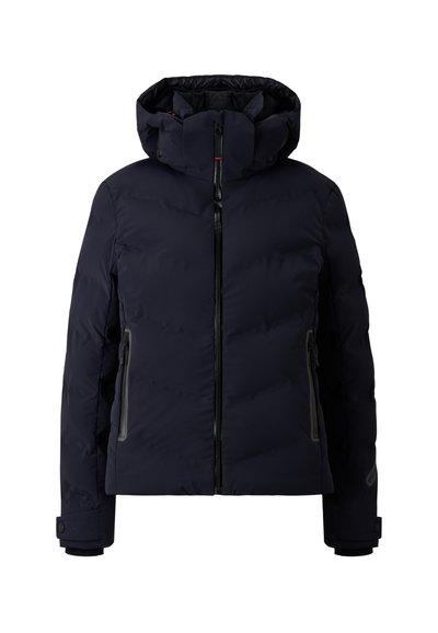 Marineblaue Steppjacke mit abnehmbarer Kapuze, Frontreißverschluss und zwei Seitentaschen. Verfügt über ein gesteppte Muster und elastische Bündchen für zusätzliche Wärme.