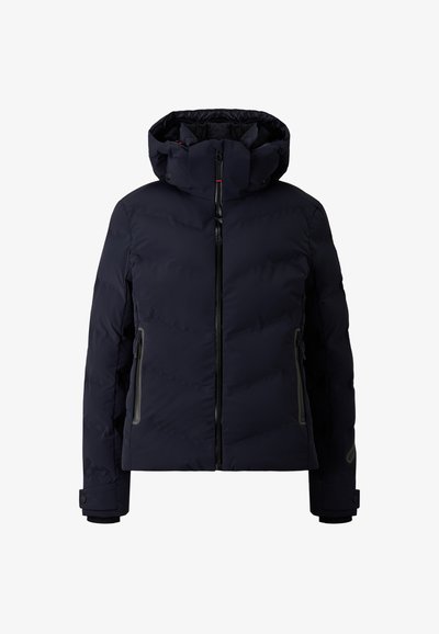 Marineblaue Steppjacke mit abnehmbarer Kapuze, Frontreißverschluss und zwei Seitentaschen. Verfügt über ein gesteppte Muster und elastische Bündchen für zusätzliche Wärme.