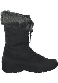 Wasserdichte schwarze Winterstiefel mit strukturiertem Obermaterial, gefüttertem Schaft aus Fell, verstellbarer Schnürung und dicke Gummisohle für zusätzlichen Halt.