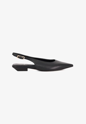 Black slingback shoe, made of smooth leather, pointed toe design, low block heel, narrow adjustable strap with gold buckle.