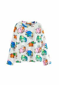 Long-sleeve shirt with a white background featuring colorful cartoon elephants in green, blue, pink, and orange, with a round neckline.