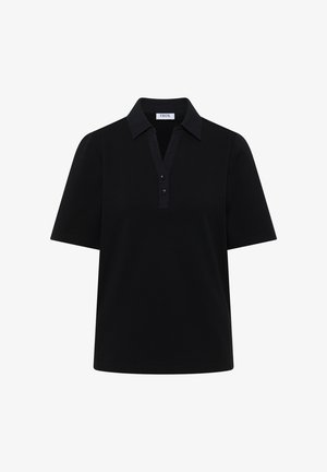 Zwart poloshirt met korte mouwen, een kraag, twee zwarte knopen en een zichtbaar merklabel "CECIL" bij de halslijn.